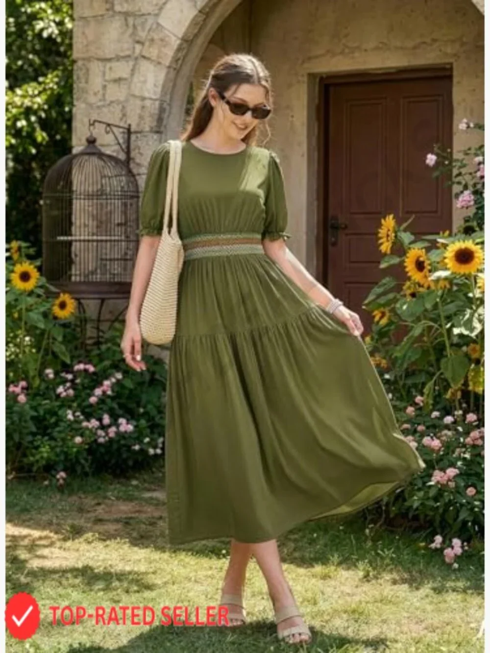 Women's Short Sleeve Smocked Maxi Dress Casual Elastic Waist Boho Tiered Ruffle - Picture 5 of 6